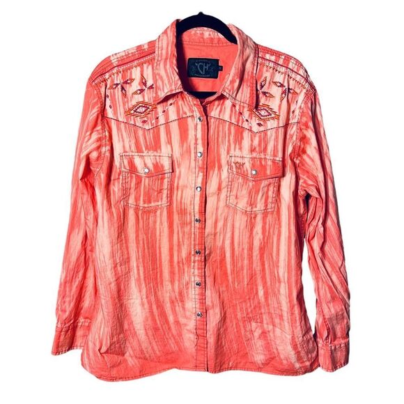 Unbranded Tops - Cowgirl Hardware Pink Peach Western Embroidered Snap Button Up Sz XL